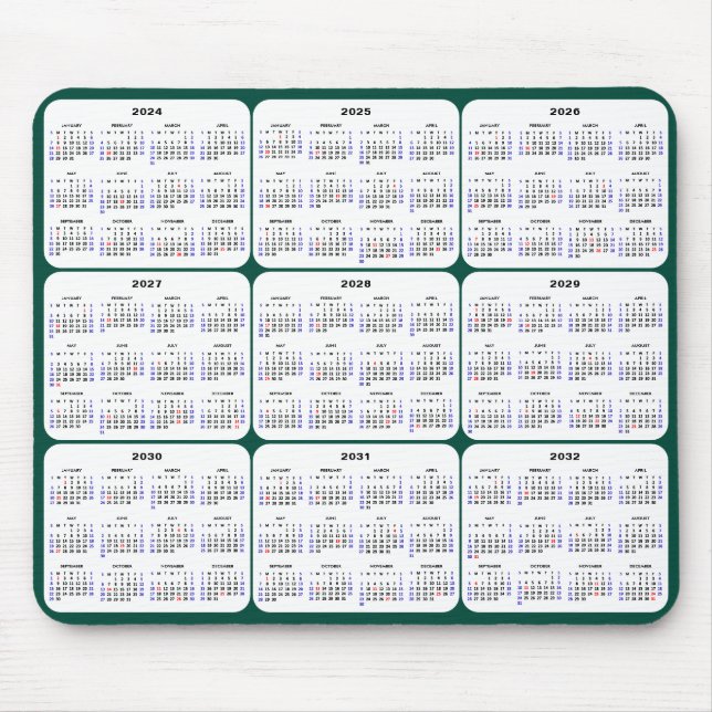 2024 - 2032 Calendar with US Holidays Dark Green Mouse Pad (Front)