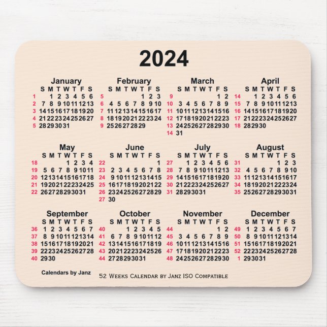 2024 Antique White 52 Weeks ISO Calendar by Janz Mouse Pad (Front)