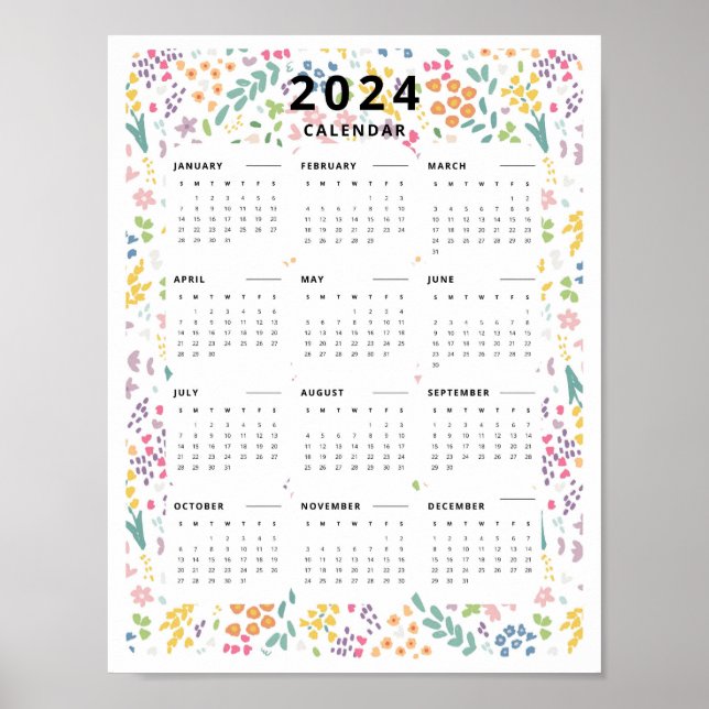 2024 At A Glance Calendar Wildflower Pattern Poster (Front)