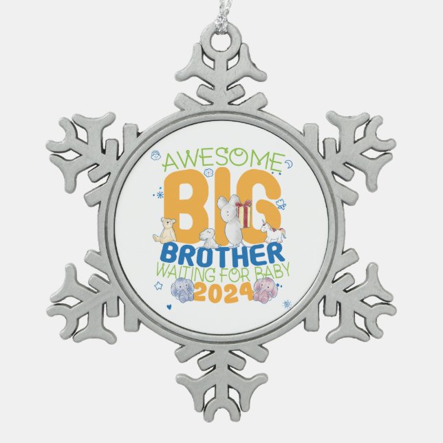2024 Big Brother Waiting for Baby Snowflake Pewter Christmas Ornament (Front)