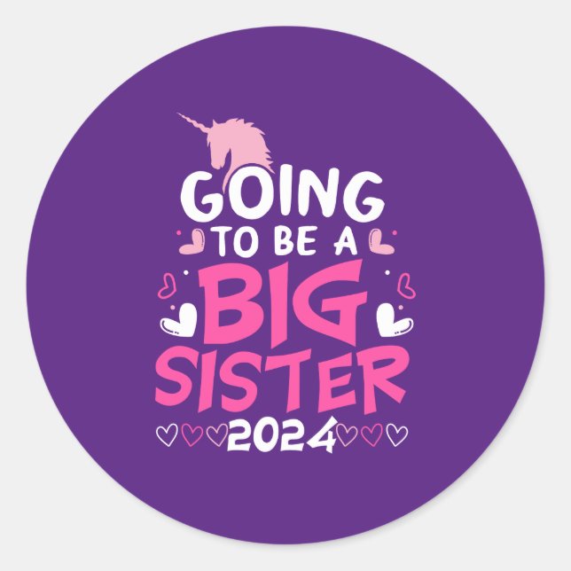 2024 Big Sister Unicorn Hearts Classic Round Sticker (Front)