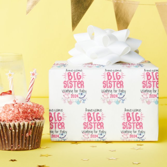 2024 Big Sister Waiting for New Baby Sibling Wrapping Paper (Birthday Party)