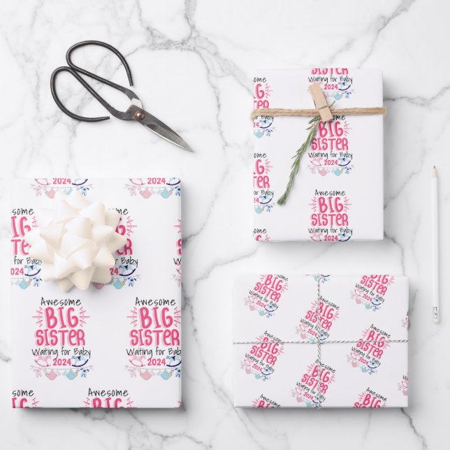 2024 Big Sister Waiting for New Baby Sibling Wrapping Paper Sheet (Front)
