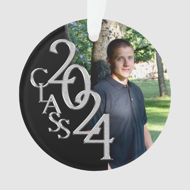 2024 Black and Silver Graduation Photo Ornament (Front)