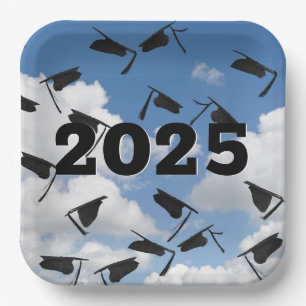 2024 Black Graduation Hats in Sky  Paper Plate