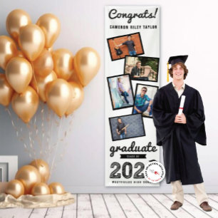 2024 Black Sketch 5 Photo Collage Graduation Party Banner