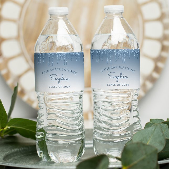 2024 Blue Glitter Drip Graduation Party Water Bottle Label (Creator Uploaded)