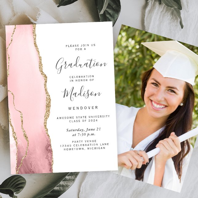 2024 Blush Pink Gold Agate Photo Graduation Invitation (Creator Uploaded)