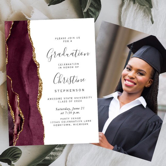 2024 Burgundy Gold Agate Photo Graduation Invitation (Creator Uploaded)