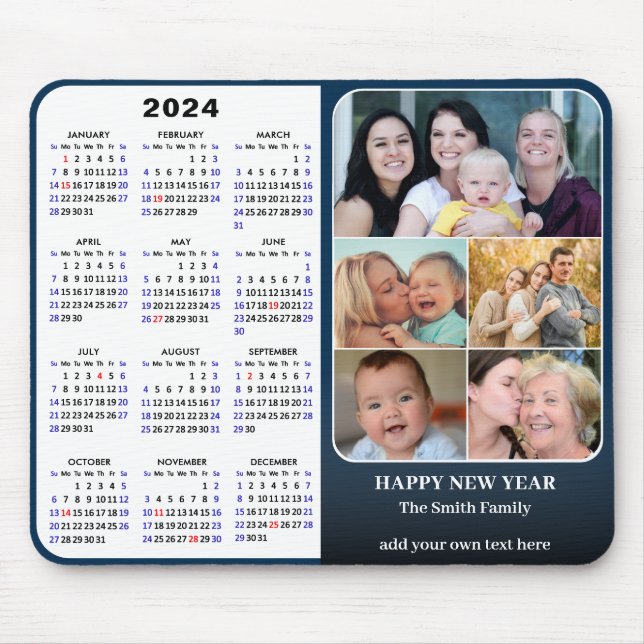 2024 Calendar Blue Family Photo Collage US Holiday Mouse Pad (Front)