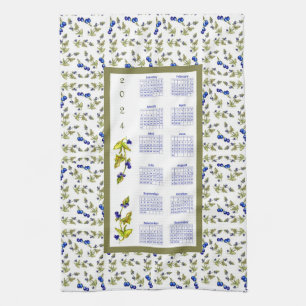 2024 Calendar Blueberries Stemmed Leaves, white Tea Towel