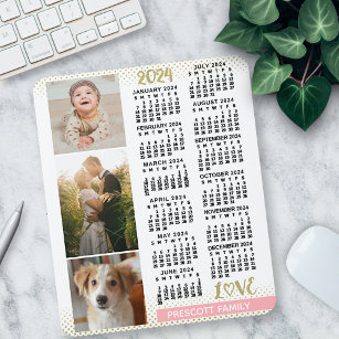 2024 Calendar Blush Pink Gold Family Photo Collage Mouse Pad