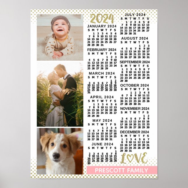 2024 Calendar Blush Pink Gold Family Photo Collage Poster (Front)