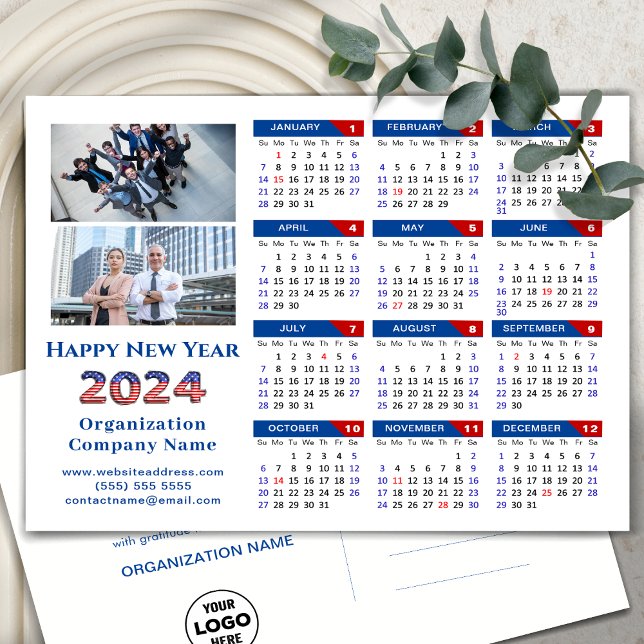 2024 Calendar Business Logo US Patriotic Blue Red Holiday Postcard (Creator Uploaded)