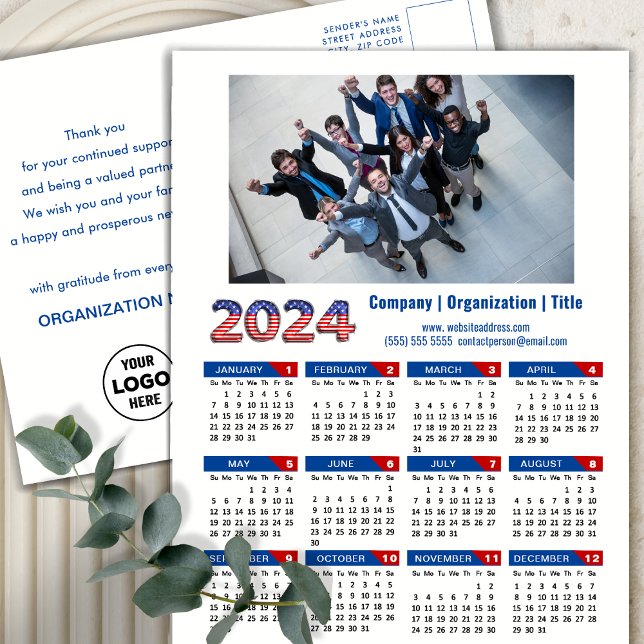 2024 Calendar Business Logo US Patriotic Blue Red Holiday Postcard (Creator Uploaded)