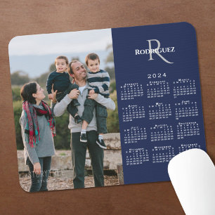 2024 Calendar Custom Photo Monogram Name Navy Mouse Pad