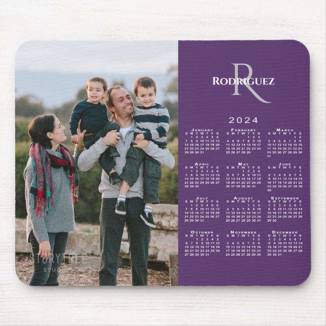 2024 Calendar Custom Photo Monogram Name on Purple Mouse Pad (Front)