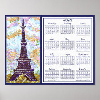 2024 Calendar Eiffel Tower Pointillism Landscape Poster