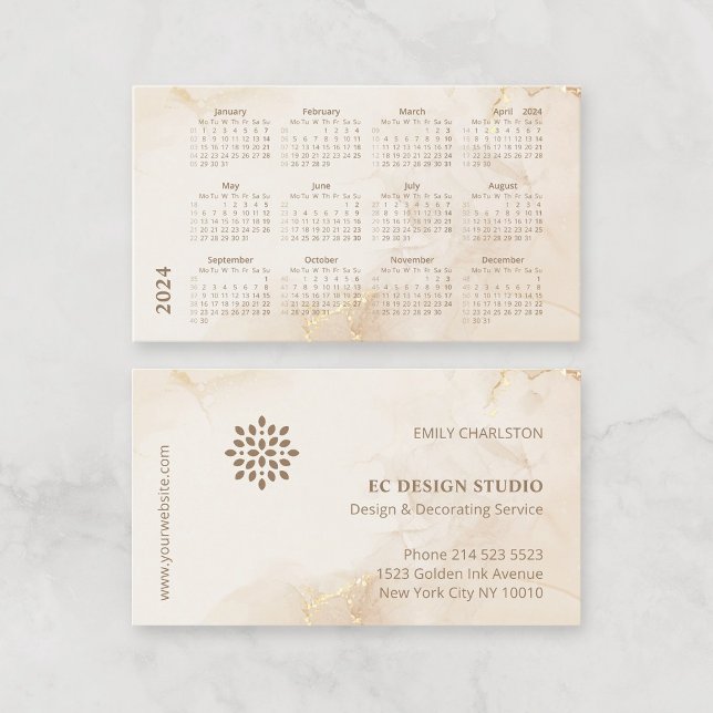 2024 Calendar Elegant Modern Beige Golden Ink Business Card (2024 Business Card Calendar. Modern elegant gold beige watercolor background, with company logo.)