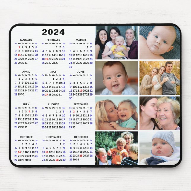 2024 Calendar Modern Black 8 Family Photo Collage Mouse Pad (Front)
