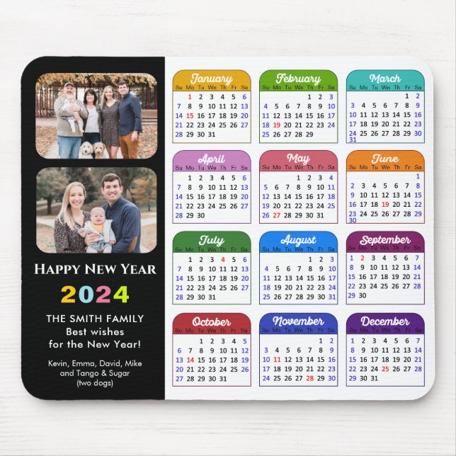 2024 Calendar Modern Black Family 2 Photo Colourfu Mouse Pad (Front)