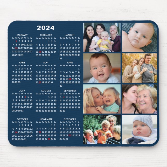 2024 Calendar Modern Blue 8 Family Photo Collage Mouse Pad (Front)