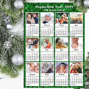 2024 Calendar Modern Family 12 Photo Festive Green Holiday Card