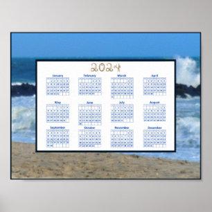 2024 Calendar Ocean Waves Beach Rocks Photo Poster