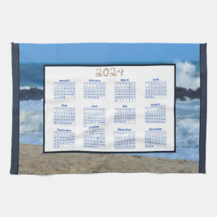 2024 Calendar Ocean Waves Beach Rocks Photo Tea Towel