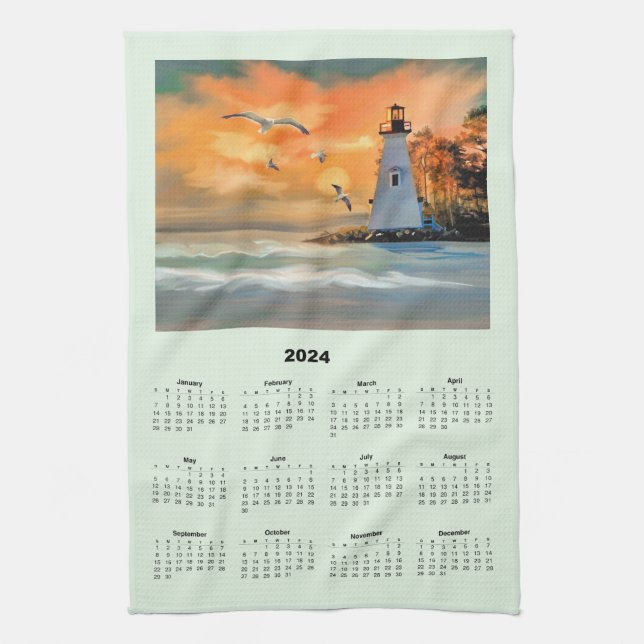 2024 Calendar of a White Lighthouse in Sunset Tea Towel (Vertical)