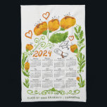 2024 Calendar Orange Class of 2024 Graduate Tea Towel<br><div class="desc">Create a unique kitchen towel as a gift for a class of 2024 graduate. The design features orange watercolor flowers and green foliage design decorated with graduate's hat and diploma and hearts. Type the grad's name to personalise the towel with a Sunday through Saturday 2024 calendar. It's a cute gift...</div>