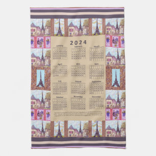 2024 Calendar Paris Eiffel Tower Pointillism Art Tea Towel