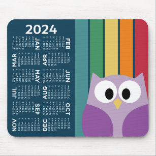 2024 Calendar - retro stripe pattern colourful owl Mouse Pad