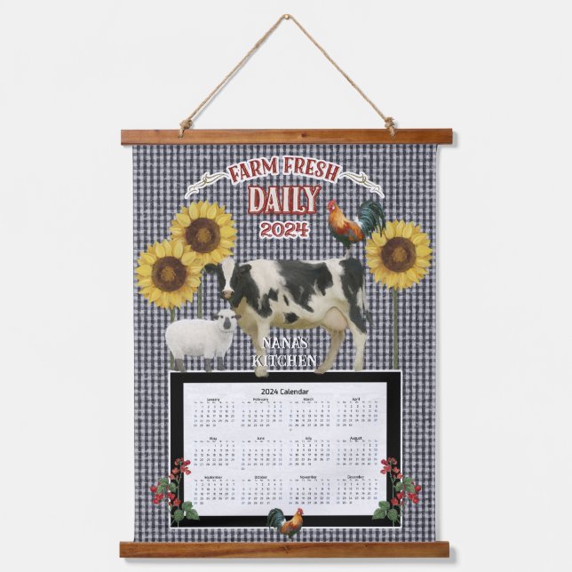 2024 Calendar Sunflower Nana Rooster Cow Black Art Hanging Tapestry (Front)