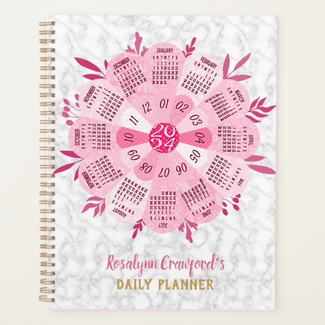 2024 Calendar Unique Boho Pink Flower Custom Name Planner (Front)