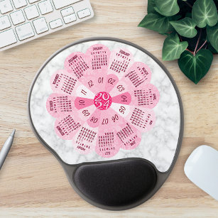 2024 Calendar Unique Round Boho Pink Flower Gel Mouse Pad