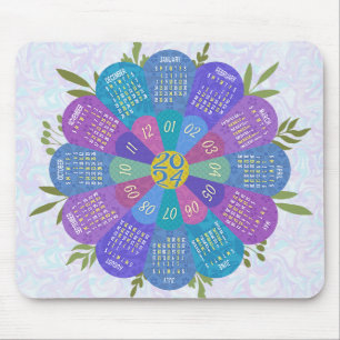 2024 Calendar Unique Round Boho Purple Flower Mouse Pad