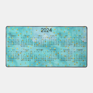2024 Calendar Watercolor Turquoise Gold Polka Dots Desk Mat