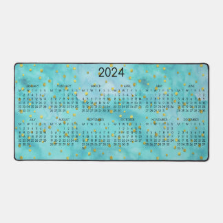 2024 Calendar Watercolor Turquoise Gold Polka Dots Desk Mat