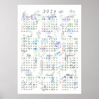 2024 calender watercolor purple and blue foral poster