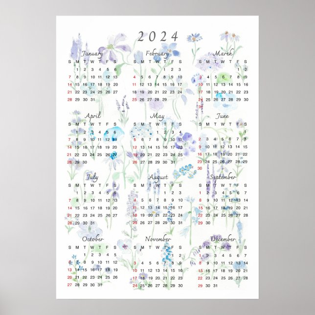 2024 calender watercolor purple and blue foral poster (Front)