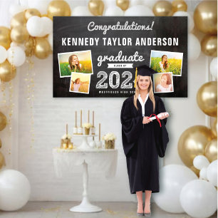 2024 Chalkboard Sketch 4 Photo Graduation Party Banner