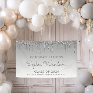 2024 Chic Silver Glitter Drip Graduation Banner