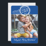 2024 CHRISTMAS PHOTO funny nice list stamp blue Holiday Card<br><div class="desc">by kat massard >>> www.simplysweetPAPERIE.com <<< A fun design with authentic Santa's Approval stamp - NICE LIST! Did your kids make it? TIPS 1. To resize / reposition the photo hit the "customise it" button. 2. You can also change the fonts, move and add more text! NEED HELP GETTING YOUR...</div>