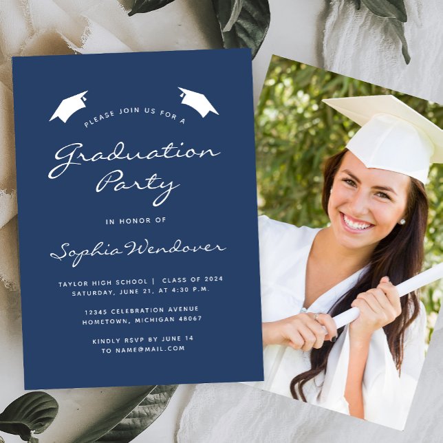 2024 Classic Navy Blue White Graduation Party Invitation (Creator Uploaded)