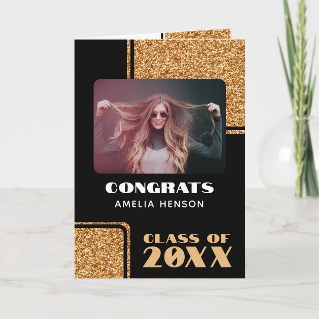 2024 Congrats Graduate Gold Glitter 2 Photos Card (Front)