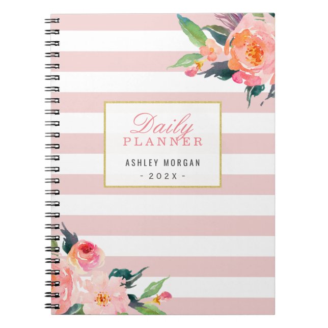 2024 Daily Planner | Girly Pink Stripes Floral Spiral Notebook (Front)