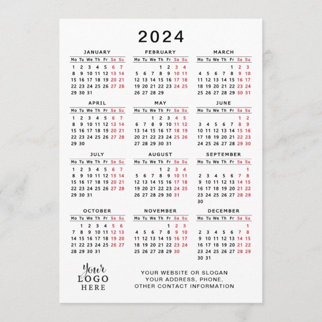 2024 Full Year Calendar White Black Red Minimal Programme (Front)