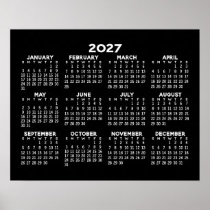 2024 Full Year View Calendar - horizontal - Black Poster