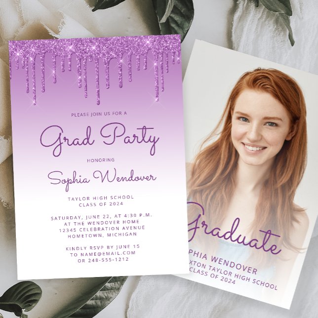 2024 Glam Purple Glitter Drip Photo Graduation Invitation (Creator Uploaded)